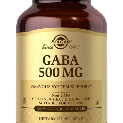 Solgar GABA 500 mg, 100 Vegetable Capsules - Relaxation & Nervous System Support - Amino Acid - Non-GMO, Vegan, Gluten Free, Dairy Free, Kosher - 100 Servings