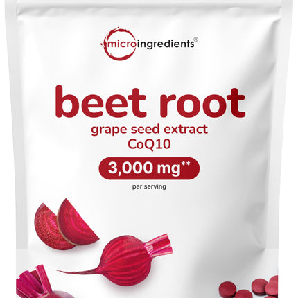 Micro Ingredients Beet Root 3,000mg with Grape Seed Extract & CoQ10, 400 Tablets | 200 Servings | Super Beets Supplements from Fresh Beetroot Extract