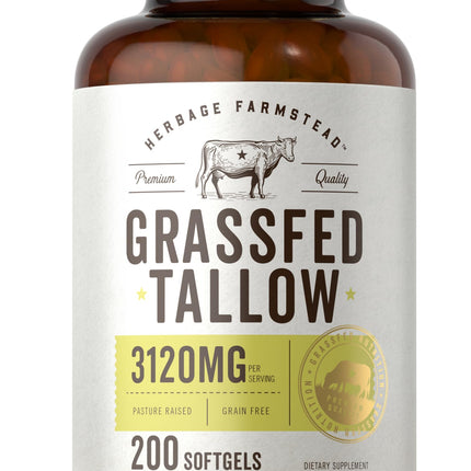 Carlyle Grass Fed Beef Tallow 3120mg | 200 Softgel Capsules | Pasture Raised Bovine Supplement | Non-GMO, Gluten Free | by Herbage Farmstead
