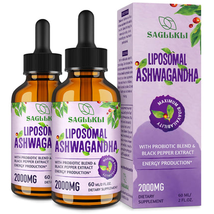 Sagllkli Liposomal Ashwagandha Liquid Drops 2000mg, Ashwagandha Root Extract Supplement (7% Withanolides) with Black Pepper Extract & Probiotics for Focus, Cognition & Energy - 4 FL.OZ (2 Bottle)