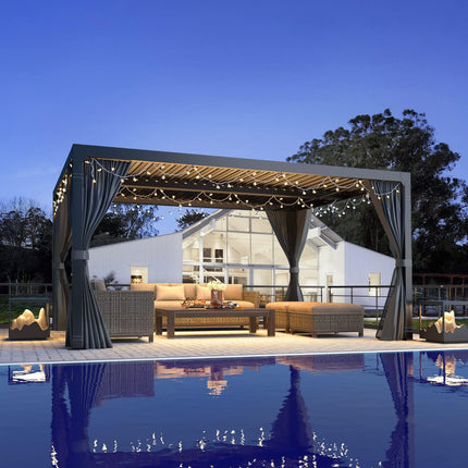 MELLCOM 10x12 Louvered Pergola Adjustable Roof w/Curtains & Mesh