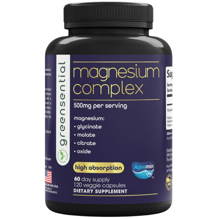 Greensential Magnesium Complex 500mg | 2-Month Supply | Glycinate, Malate, Citrate, Oxide & Aquamin® | Sleep, Muscle & Stress Support* | Made in USA, 2X 3rd Party Tested, 120 Ct