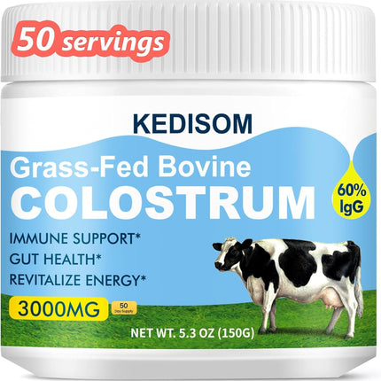 KEDISOM Grass-Fed Bovine Colostrum Supplement Powder - 60% High IgG 3000 mg for Gut Health, Immune Support - Easy to Mix Natural Liposomal Colostrum Superfood, Unflavored, 50 Servings