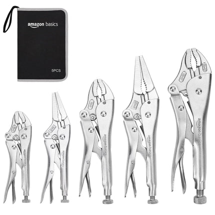Amazon Basics 5-Piece CR-V Locking Pliers Set with Wire Cutters, 2 Straight Jaw, 3 Curved Jaw, 6.5-10 inch, Silver, Carrying Case