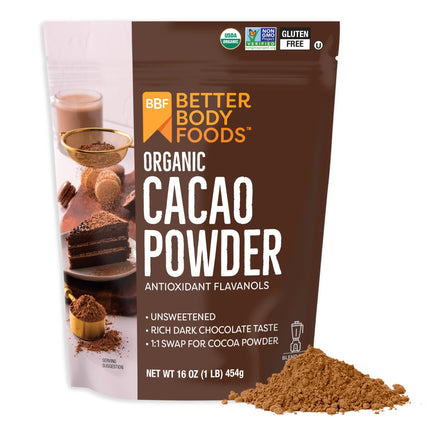 BetterBody Foods Organic Cacao Powder 16 Oz, Unsweetened for Baking, Cocoa
