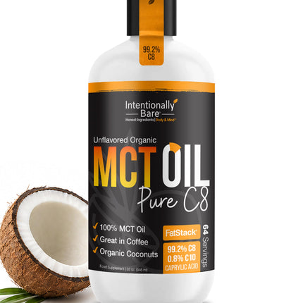Intentionally Bare Organic Pure C8 MCT Oil – 99.2% - MCT Oil C8 for Energy, Brain, Mood & Focus - Supports Keto, Low Carb, Paleo, Vegan, Intermittent Fasting - Coffee & Salads – Unflavored - 32oz