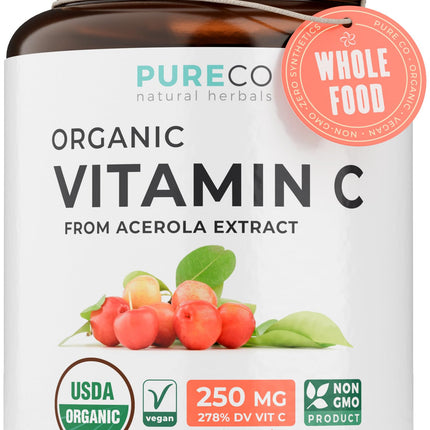 Certified Organic Vitamin C Supplement - Whole Food Acerola Vitamin C Immune Support Supplement for Seasonal Wellness with Naturally Occurring Bioflavonoids Polyphenols & Cofactors (1 Month Supply)