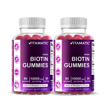 Vitamatic Biotin Gummies 10,000 mcg for Stronger Hair, Skin & Nails - 60 Vegan Gummies - Also Called Vitamin B7 (2 Bottles)