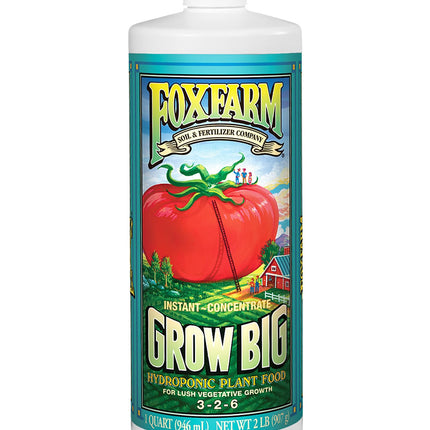 FoxFarm Grow Big Hydroponic Plant Food - 3-2-6 Liquid Plant Fertilizer for Lush Vegetative Growth in Hydroponic Systems - Liquid Concentrate with Earthworm Castings & Micronutrients - 1 Quart