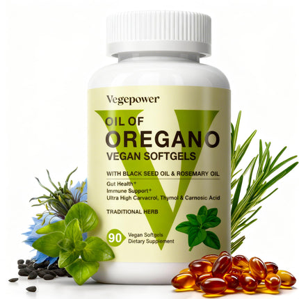 VEGEPOWER Oil of Oregano Vegan Softgel, 4-in-1 Oil of Oregano with Black Seed Oil, Rosemary & Vitamin A, Organic Oregan Capsules, 4X Strength Carvacrol & Thymol for Immune Support, Non-GMO, 90 Ct