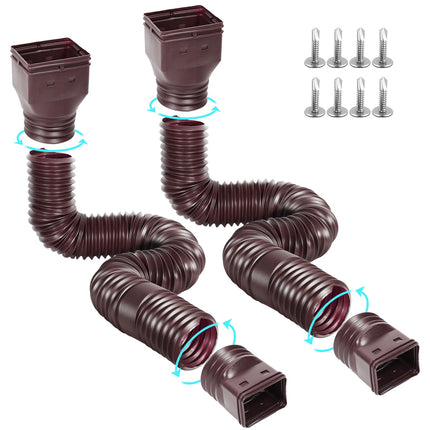 Gutterlix 2 Pack Flexible Gutter Downspout Extensions Extendable from 21" to 67", Downspout Extender Comes with Adapters, Thickened Down spout Drain Extension for Rainwater Drainage(Brown)