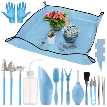 20pcs Small Gardening Tools Gifts for Women Beginners - Garden Hand Tools Set for Indoor Succulent Bonsai Plants Transplanting, Included 39" Plant Repotting Mat/Miniature Shovel/Labels, Blue
