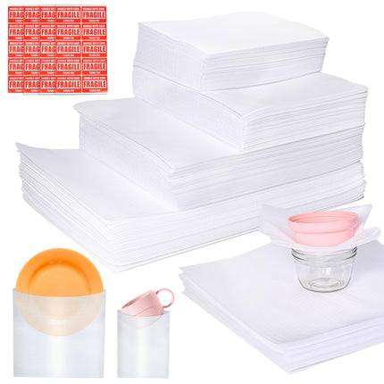 600Pcs Dish Packing Supplies for Moving, 300 Cushion Foam Wrap Pouches & Sheets 4 Sizes (16x12", 12x12", 12x7.8", 7.8x7.8") with 300 Fragile Stickers Plate Packing Sleeves for Fragile Shipping Storage