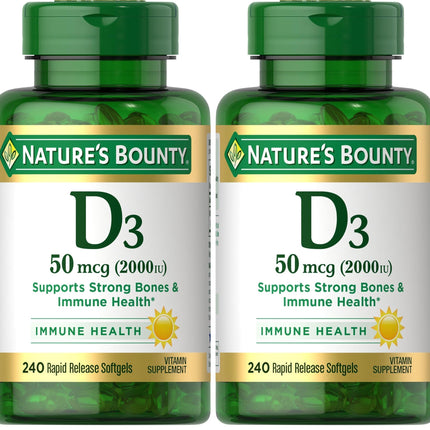 Nature's Bounty Vitamin D3 2000 IU, Immune and Bone Support, Vitamin Supplement, 1 Per Day, 240 Rapid Release Softgels (Pack of 2)