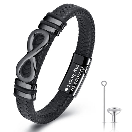 YOUFENG Urn Bracelet for Human Ashes Leather Cremation Black Infinity Bracelet Stainless Steel Keepsake Cuff Bangle Jewelry for Men
