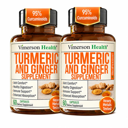 Turmeric and Ginger Supplement with Black Pepper for Joint Support, Digestive & Gut Health - Contains Organic Turmeric with Ginger Root Supplement and BioPerine for Enhanced Absorption - 2 Pack