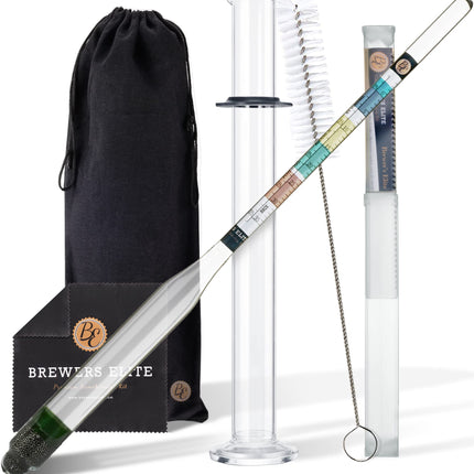 Brewer's Elite Hydrometer - for Home Brew Beer, Wine, Mead and Kombucha - Deluxe Triple Scale Set, Hardcase and Cloth - Specific Gravity ABV Tester (Hydrometer & Glass Test Jar Kit)