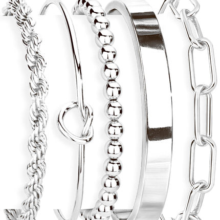 Gokeey Silver Cuff Bracelets for Women,Dainty Silver Bangles Bracelets Set for Women, Paperclip Link Chain Rope Beaded Tie Knot Bracelets Stack Chunky Jewelry