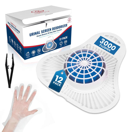 The ULTIMATE Urinal Cakes for Men Bathroom, Up to 3000 Flushes,12 Pack Urinal Screen Deodorizers, Ocean Breeze, Splash-Free Design, Fits All Urinals, Urinal Deodorizer, Gloves & Tongs included