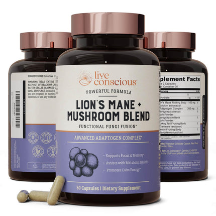 Live Conscious Lions Mane Mushroom Supplement Capsules for Brain Support w/Lion's Mane, Cordyceps, Reishi, and Turkey Tail Mushrooms - Cognitive Memory Supplement for Brain
