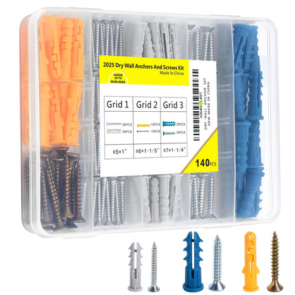 140PCS Drywall Anchors and Screws Kit, 3 Sizes Plastic Wall Anchors