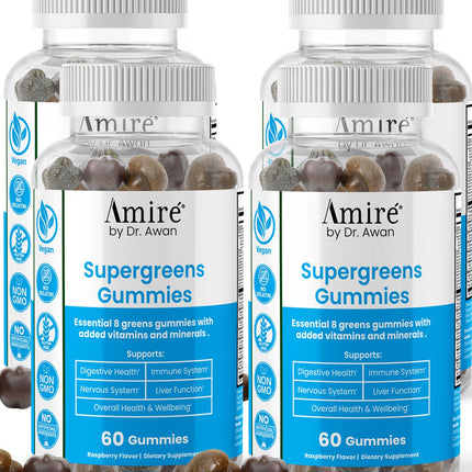 Amire by Dr. Awan Super Greens Gummies, Fruits & Veggies Supplement, Green Superfood for Immunity, Metabolism, Liver Function & Nervous System, Essential 8 Greens, 240ct, 4-Months Supply