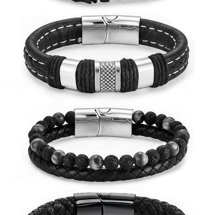 Tiwindx 6 Pcs Leather Bracelet for Men Black Braided Steel Cuff Layered Bracelets Men's Braided Bracelet Set