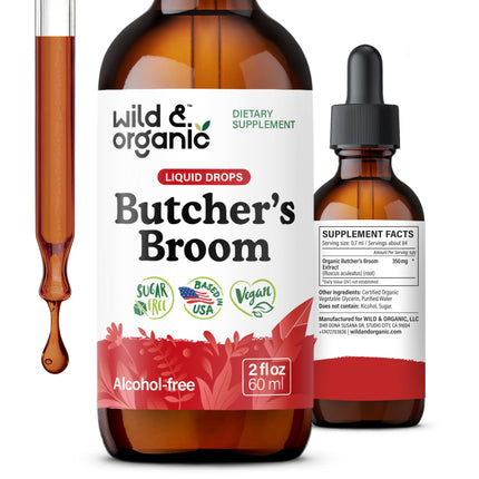 Wild & Organic Butchers Broom Supplement - Leg Support - Liquid Butcher's Broom Extract Drops - Add to Tea Tincture - Vegan, No Alcohol & Sugar-Free - 2 fl oz