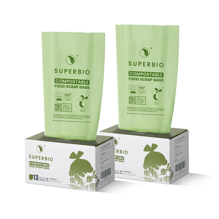 SUPERBIO 13 Gallon Flat Top Compostable Food Waste Bags, 50 Count, 2 Pack, 49.2L, 0.87 Mil, ASTM D6400 BPI and OK compost INDUSTRIAL
