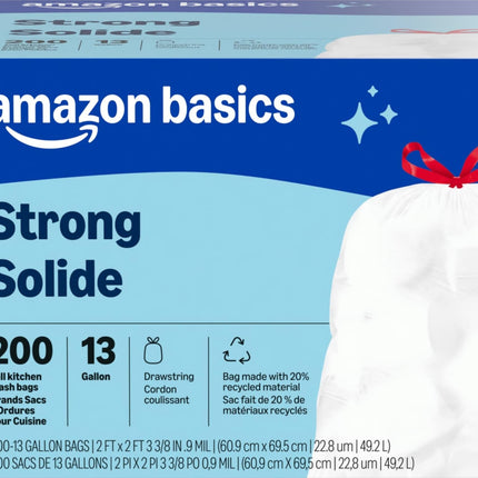 Amazon Basics Trash Bags, Tall Kitchen Drawstring, Unscented, 13 Gallon, 200 Count, Pack of 1, Packaging May Vary