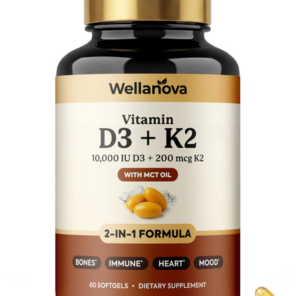Vitamin D3 K2 10,000 IU – Pure 2-in-1 K2 D3 Vitamin Supplement for Men & Women – MK-7 200 mcg with Coconut Oil – 60 Softgels