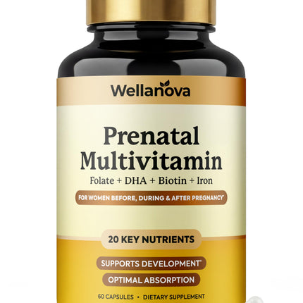Wellanova Prenatals Multivitamin for Women – with Iron – Family Planning & Pregnancy Prenatal Vitamins with DHA, Folate & Gentle Chelated Minerals – 60 Capsules