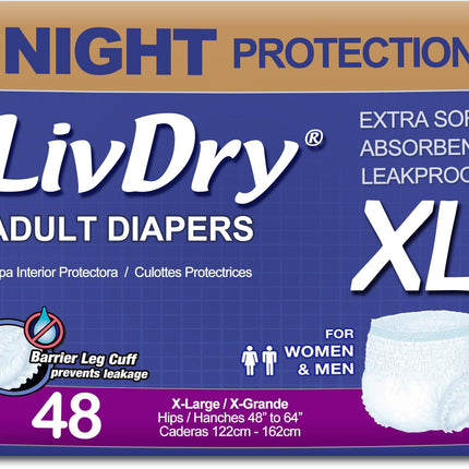 LivDry Adult XL Incontinence Underwear, Overnight Comfort Absorbency, Leak Protection, X-Large, 48-Pack