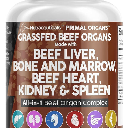 Clean Nutraceuticals Grass Fed Beef Liver Capsules - Premium Quality Supplement Packed with Desiccated, Beef Heart, Spleen, Pancreas Plus Bone & Marrow Dao Enzyme Pills