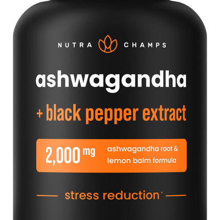 NutraChamps Organic Ashwagandha Capsules, 2000mg Adrenal Fatigue, Thyroid & Mood Support Ashwagandha Supplements, Ashwagandha Root Powder & Lemon Balm, Superior Absorption with Black Pepper