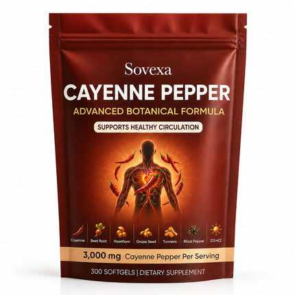 WDVNEX Sovexa Cayenne Pepper Softgels, 3000mg Capsaicina Activa Advanced Botanical Circulation Support Formula for Energy & Cardiovascular Wellness, with D3K2, Grape Seed, Hawthorn, 300 Capsules