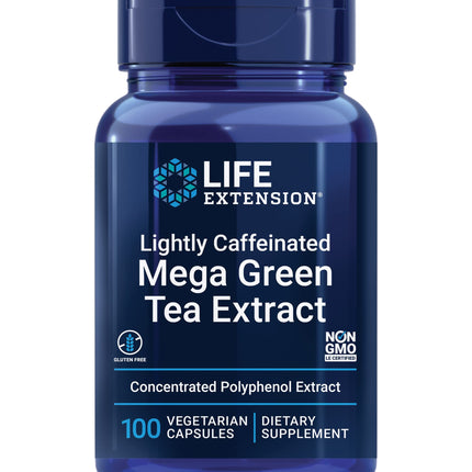 Life Extension Lightly Caffeinated Mega Green Tea Extract, Camellia sinensis Extract with Concentrated EGCG polyphenol Content, Gluten-Free, Non-GMO, Vegetarian, 100 Capsules