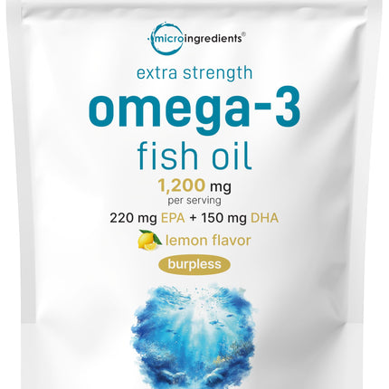 Micro Ingredients Extra Strength Omega 3 Fish Oil Supplements 1,200mg Per Serving, 240 Softgels | Lemon Flavored | Burpless | Essential Fatty Acids | EPA 220mg + DHA 150mg | Deep Sea Fish