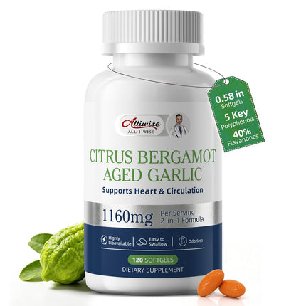 Alliwise 2 Pack Citrus Bergamot with Aged Black Garlic Extract Softgels, 1160mg Formula Cholesterol Support Supplement, Bergamot Supplement for Heart & Circulation Health, 240 Gelcaps
