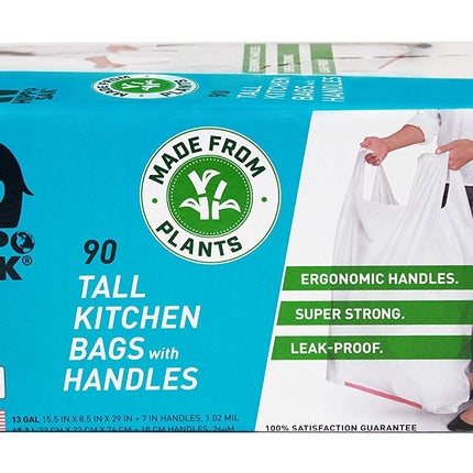 Hippo Sak - Plant Based Tall Kitchen Garbage Bags with Ergonomic Handles - 13 Gallon Trash Bags - Recyclable & Eco Friendly - Super Strong and Leak Proof Tall Kitchen Trash Bags (90 Count)