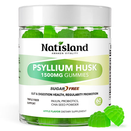 NATISLAND Psyllium Husk Gummies, 1500mg Psyllium Husk Fiber Supplement with Probiotics, Inulin, Chia Seed Powder for Gut & Digestive Health, Regularity, Vegan, Sugar Free, 60 Chewable