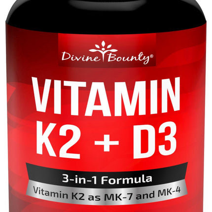 Divine Bounty Vitamin K2 (MK7 & MK4) with D3 Supplement - Vitamin K & D as MK-7 100mcg, MK-4 500mcg, and 5000 IU Vitamin D3 3-in-1 Formula - Bone and Heart Support - 90 Non-GMO Vegetarian Capsules