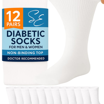 Special Essentials Diabetic Socks for Men & Women – 12 Pairs of Non-Binding Extra Wide Top Cotton Neuropathy Socks – Crew Length, White, 9-11