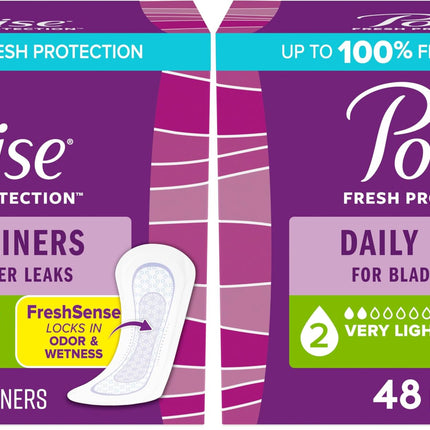 Poise Panty Liners, Very Light Absorbency, 48 Count, Pack of 2 | 2 Drop | Regular Size | For Incontinence