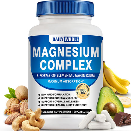 Magnesium Glycinate 8in1 Complex Supplement 1000mg - Magnesium Glycinate, Citrate, Malate, Taurate for Health and High Absorption | Third Party Tested, Gluten Free, Non-GMO - Easy to Swallow