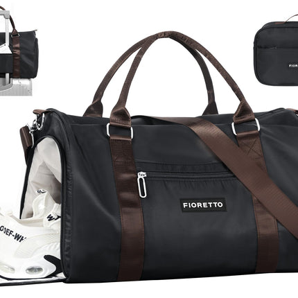 FIORETTO Womens Gym Tote Duffle Bag with Toiletry Bag, Sports Duffel Overnight Hospital Workout Carry on Bag for Girls with Wet Pocket & Shoe Compartment, Ideal for Travel, Swimming, Black & Brown