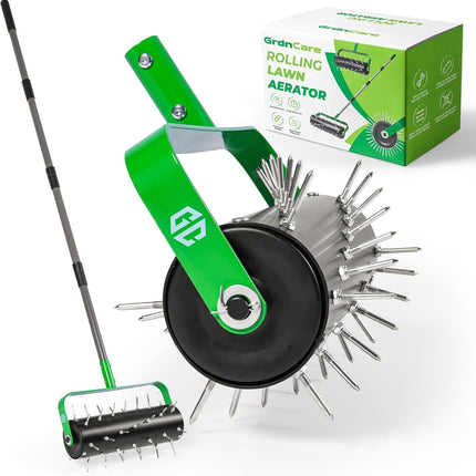 Manual Lawn Aerator Roller Tool, Heavy-Duty Rolling Lawn Aerator, 42 Pre-Attached Steel Spikes, 57 Inch Adjustable Height, Fillable Weighted Drum, 2 Inch Soil Penetrator for Lawn, Garden & Yard Care