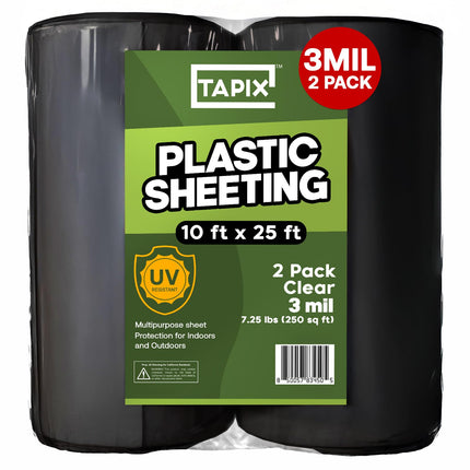 Plastic Sheeting Black (10' x 25') Long, 3 Mil, (2 Pack) - UV Protection Poly Sheeting Polyethylene Film, Heavy Duty Greenhouse Plastic Sheeting
