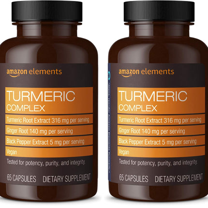 Amazon Elements Turmeric Complex, 316 mg Curcumin with Ginger and Black Pepper, Joint & Immune Support, 65 Capsules (Pack of 2)