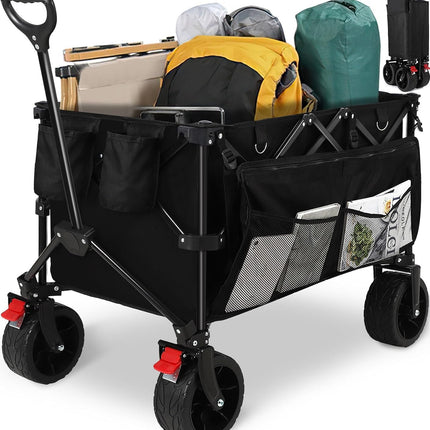 HAUSPROFI Collapsible Wagon Cart, 400 lbs Capacity, 7 cu ft (200L) Large Storage, Heavy Duty Foldable Utility Wagon with Pockets, Beach Wagon with Big Wheels for Sand, Garden, Camping & Grocery